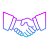 Two stylized hands in a handshake, outlined in a gradient of pink and blue, symbolize partnership and agreement.