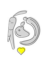 A playful arrangement of gray food illustrations, including a carrot, apple, and banana, forms a face with a yellow heart below.