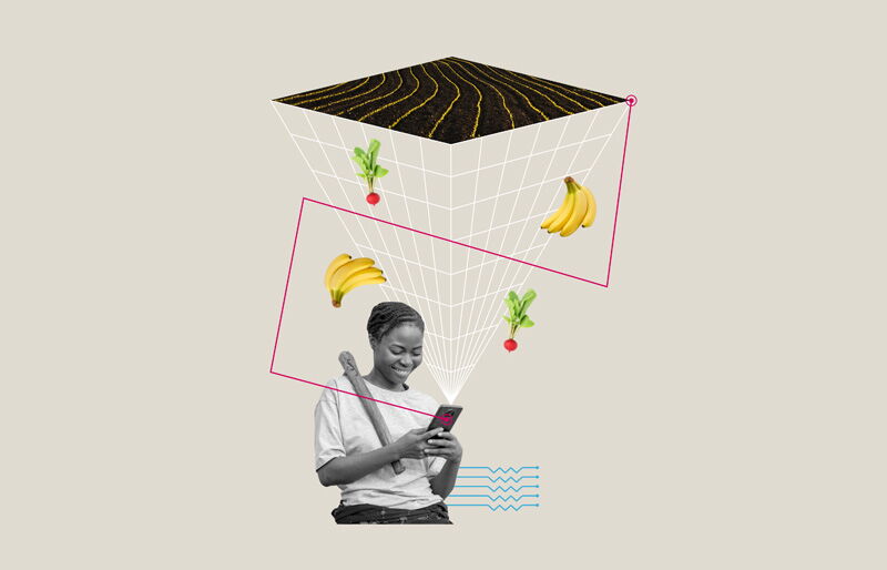 A woman smiles at her phone, surrounded by a digital collage of bananas, radishes, and farmland, symbolizing agriculture in Nigeria.