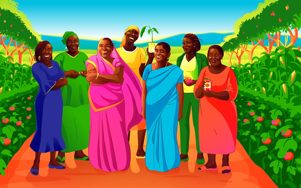 Eine Gruppe fröhlicher Frauen steht in einem üppigen Garten, umgeben von blühenden Pflanzen.