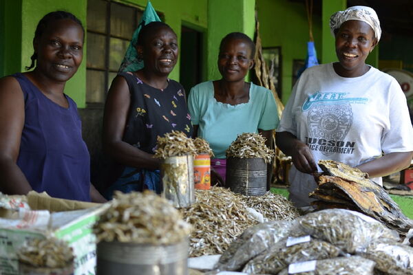 Four women smile while selling dried fish and seafood in a lively green market setting.