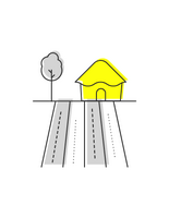 Ein stilisiertes gelbes Haus und ein Baum stehen auf einem pixeligen, schwarzen Felsvorsprung.