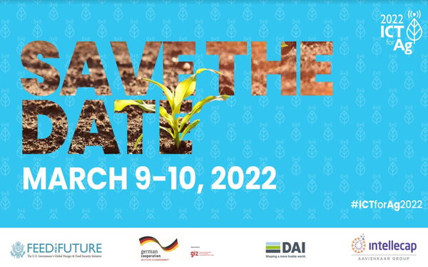 Ein Sprössling wächst durch die Wörter "SAVE THE DATE" auf einem blauen Hintergrund mit dem Datum 9.–10. März 2022.